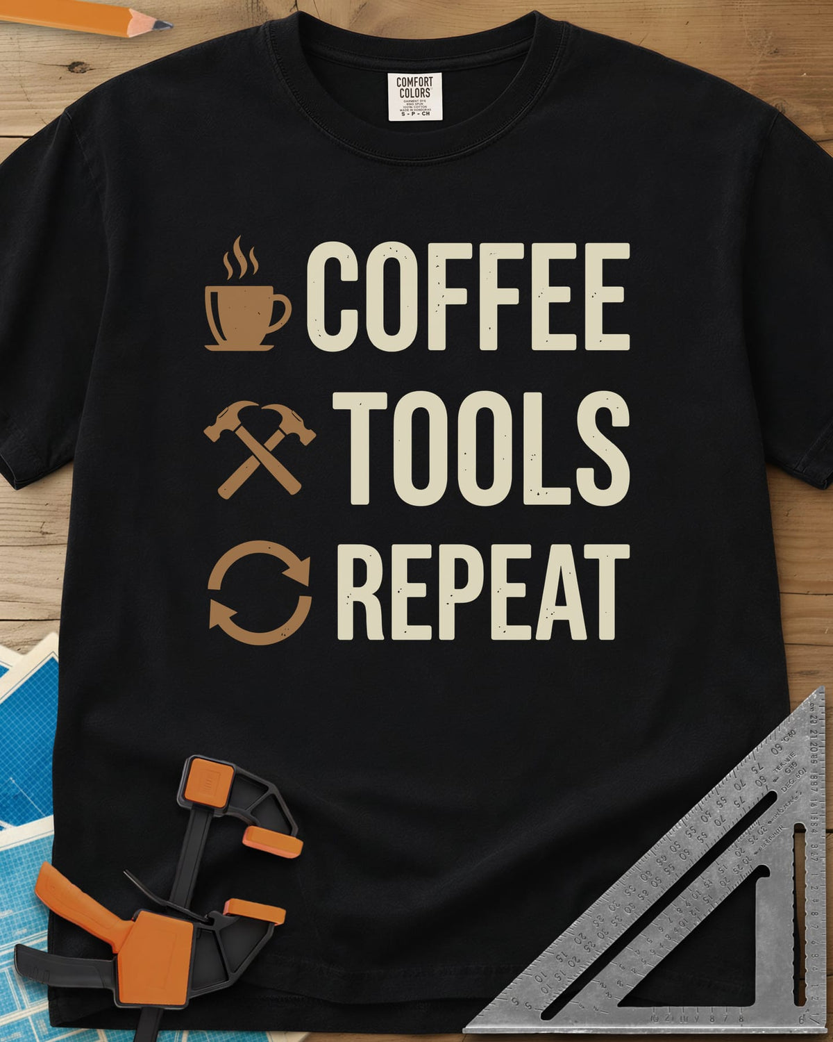 Coffee Tools Repeat heavyweight tee in Black, a steaming cup, crossed hammers and loop arrows beside the words