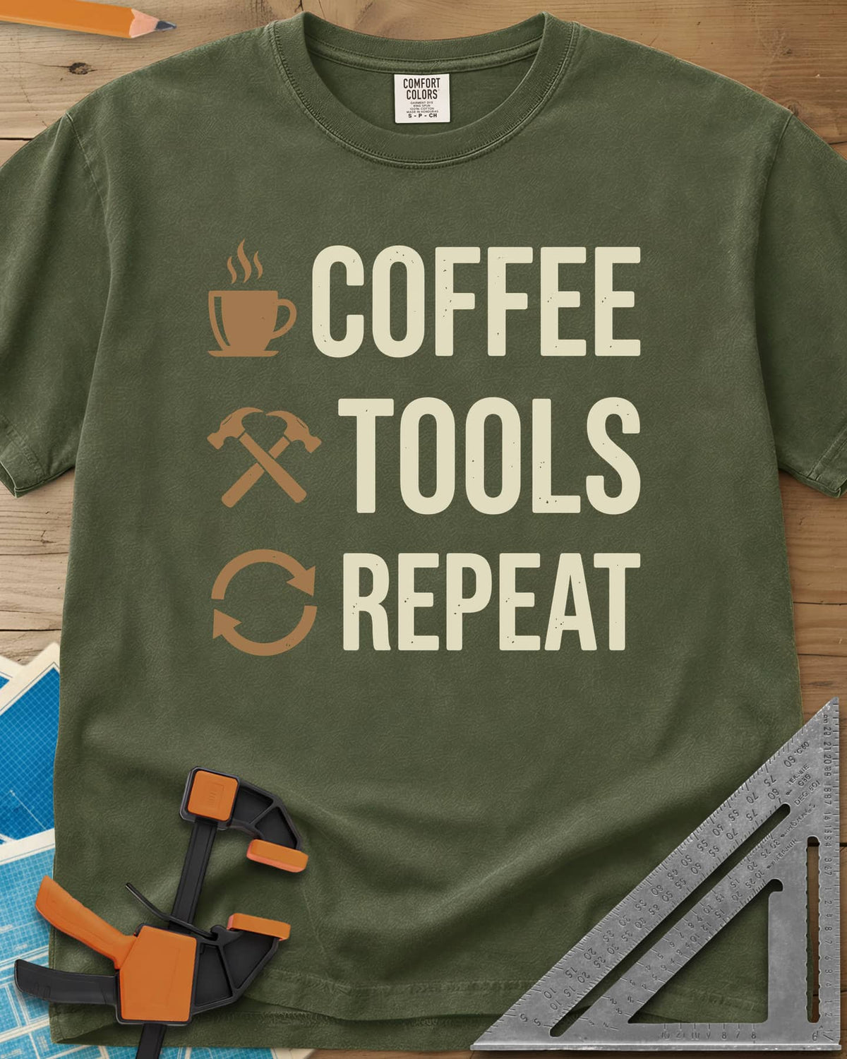 Coffee Tools Repeat heavyweight tee in Hemp, a steaming cup, crossed hammers and loop arrows beside the words