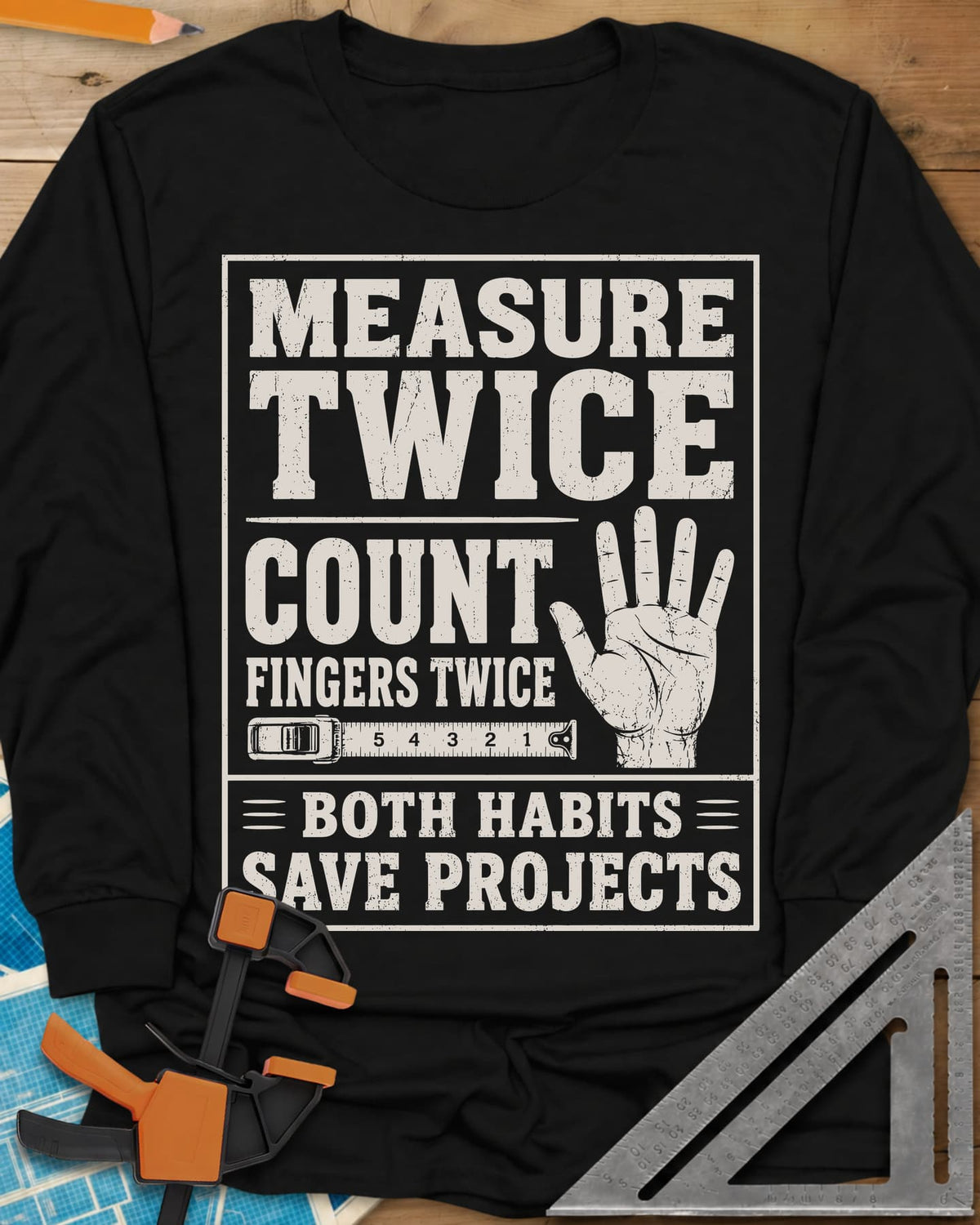 Count Fingers Twice long sleeve shirt in Black, a framed poster print with a raised open hand and a tape measure