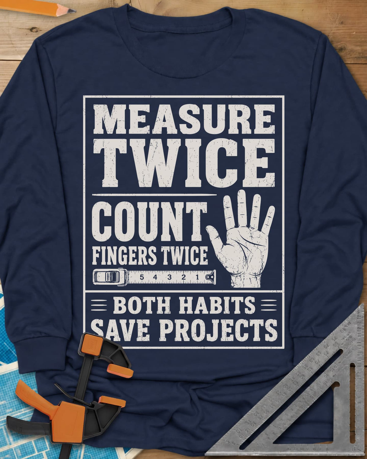 Count Fingers Twice long sleeve shirt in Navy, a framed poster print with a raised open hand and a tape measure