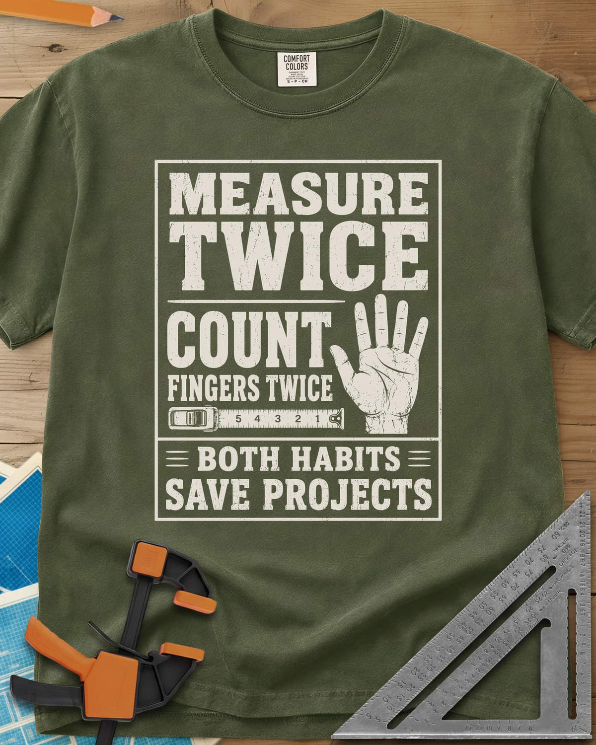 Count Fingers Twice heavyweight tee in Hemp, a framed poster print with a raised open hand and a tape measure