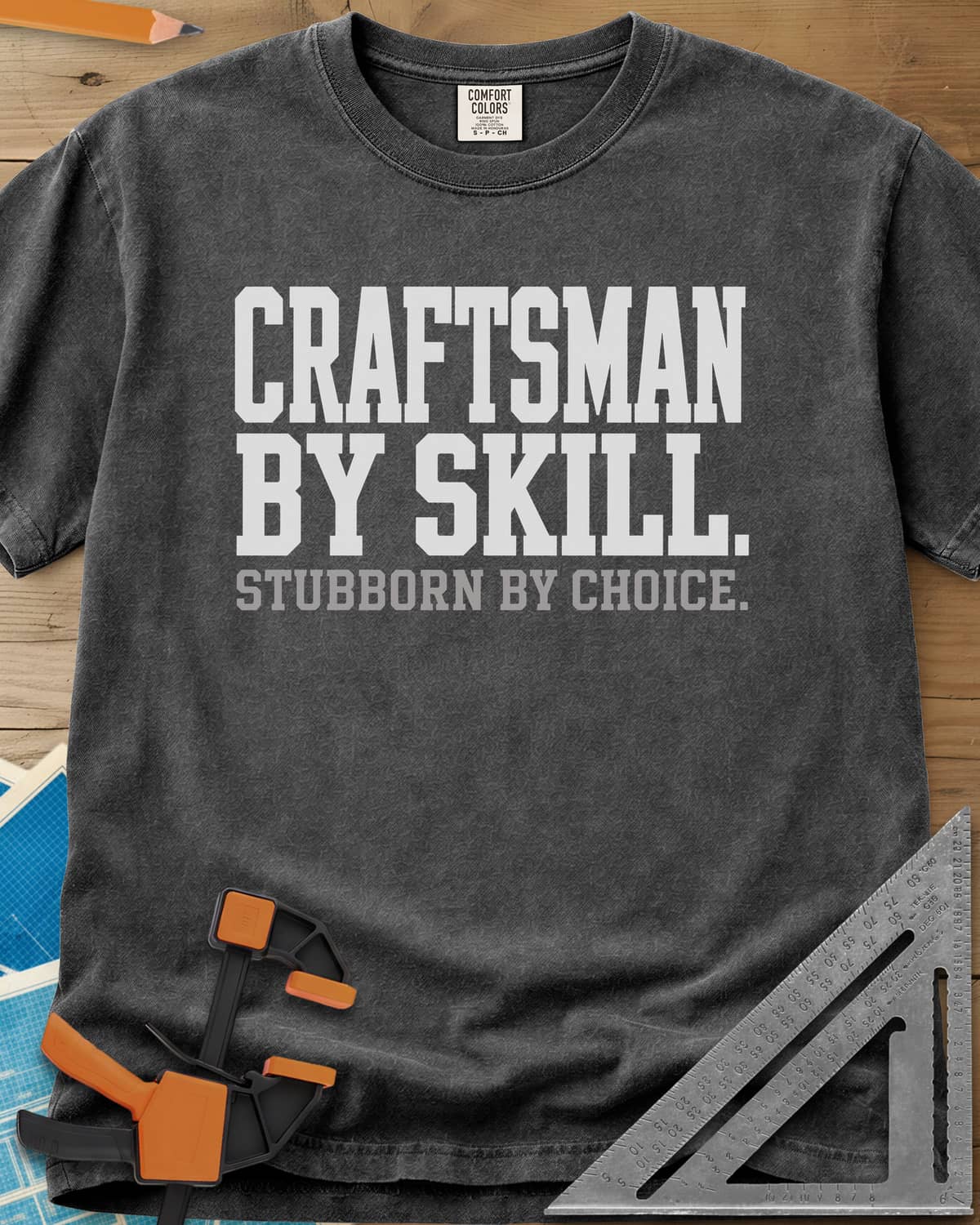 Craftsman Skill heavyweight tee in Pepper, two lines of bold block lettering, nothing else