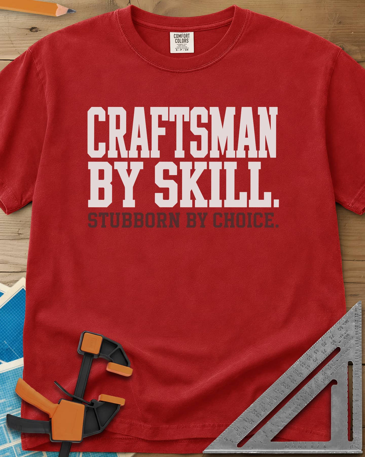 Craftsman Skill heavyweight tee in Red, two lines of bold block lettering, nothing else
