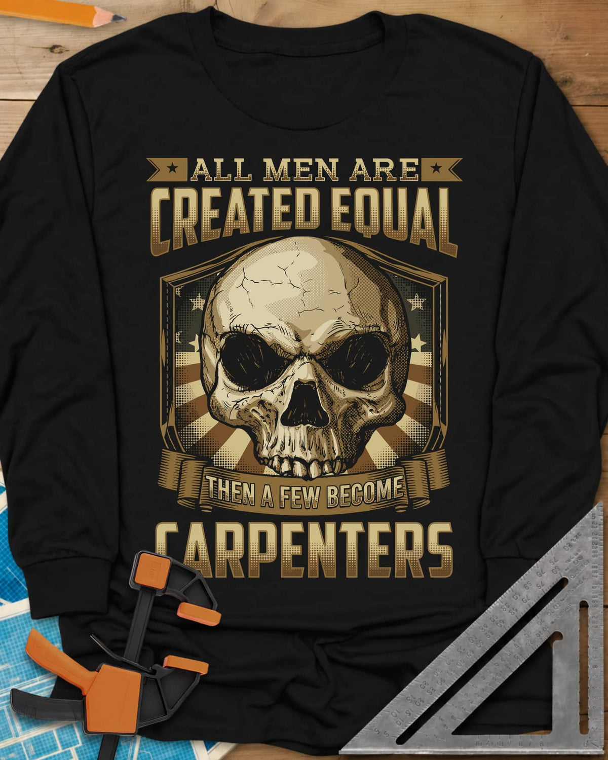 Created Equal Carpenter long sleeve shirt in Black, a cracked skull on a shield with stars and sunburst rays