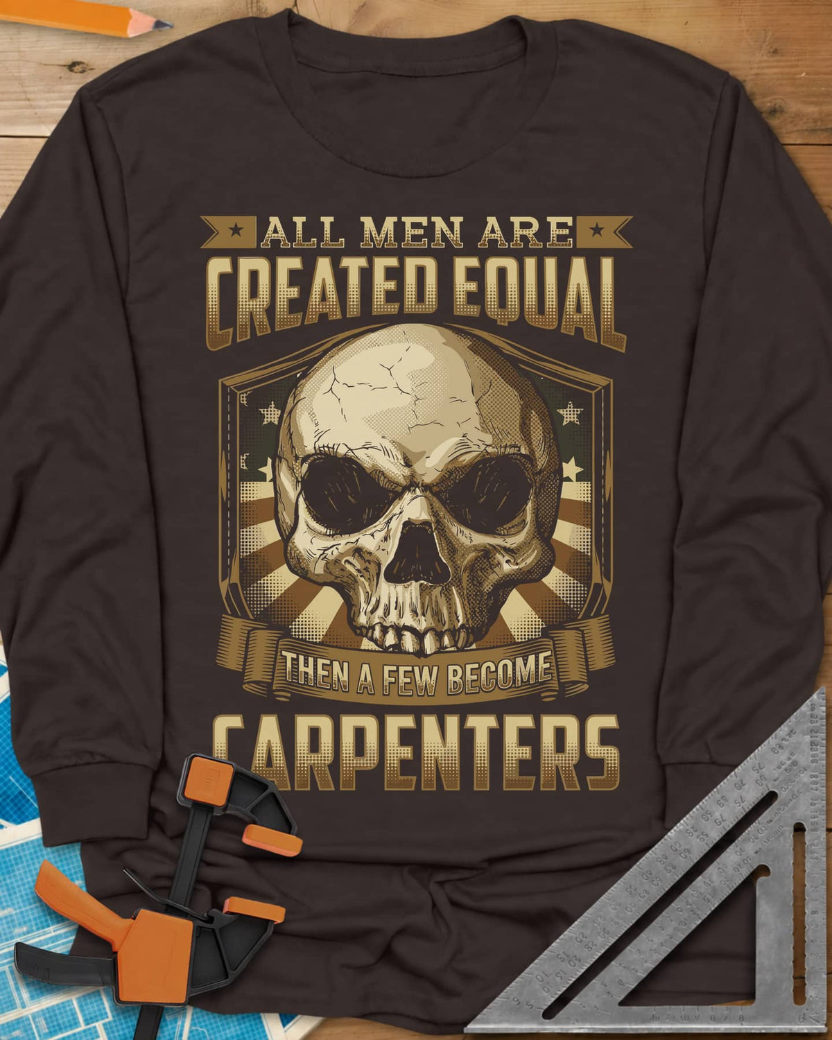 Created Equal Carpenter long sleeve shirt in Dark Chocolate, a cracked skull on a shield with stars and sunburst rays