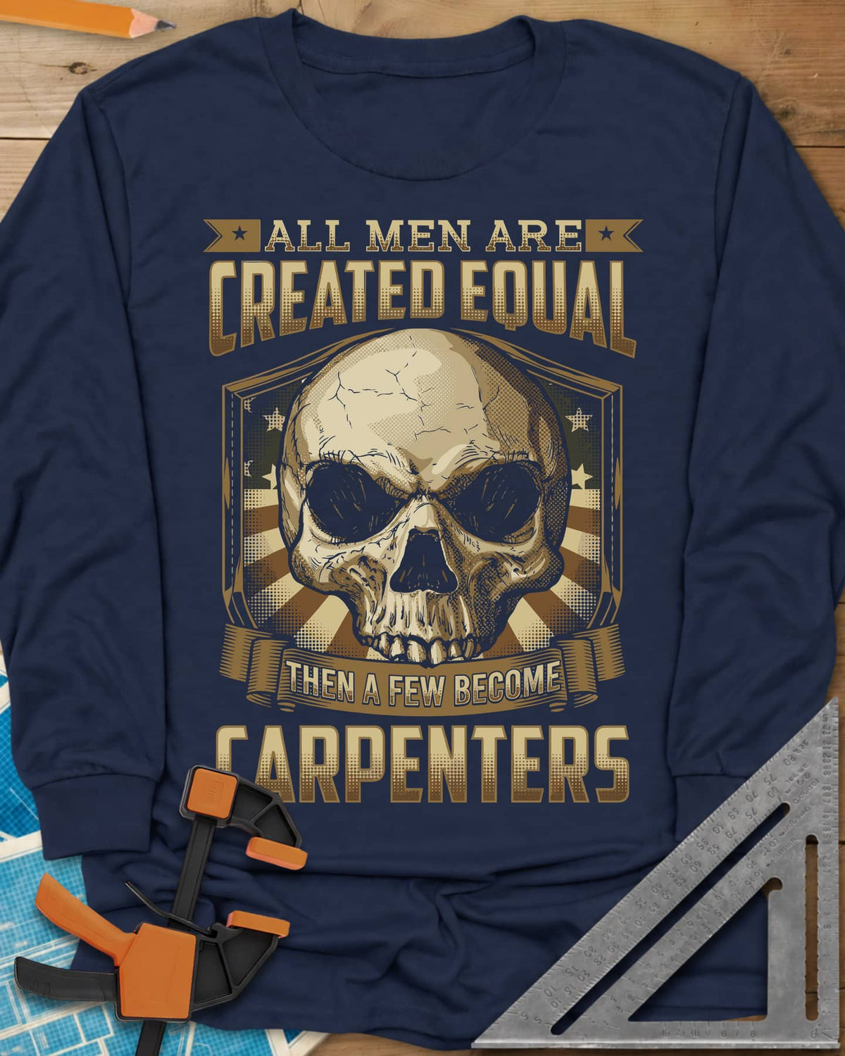 Created Equal Carpenter long sleeve shirt in Navy, a cracked skull on a shield with stars and sunburst rays