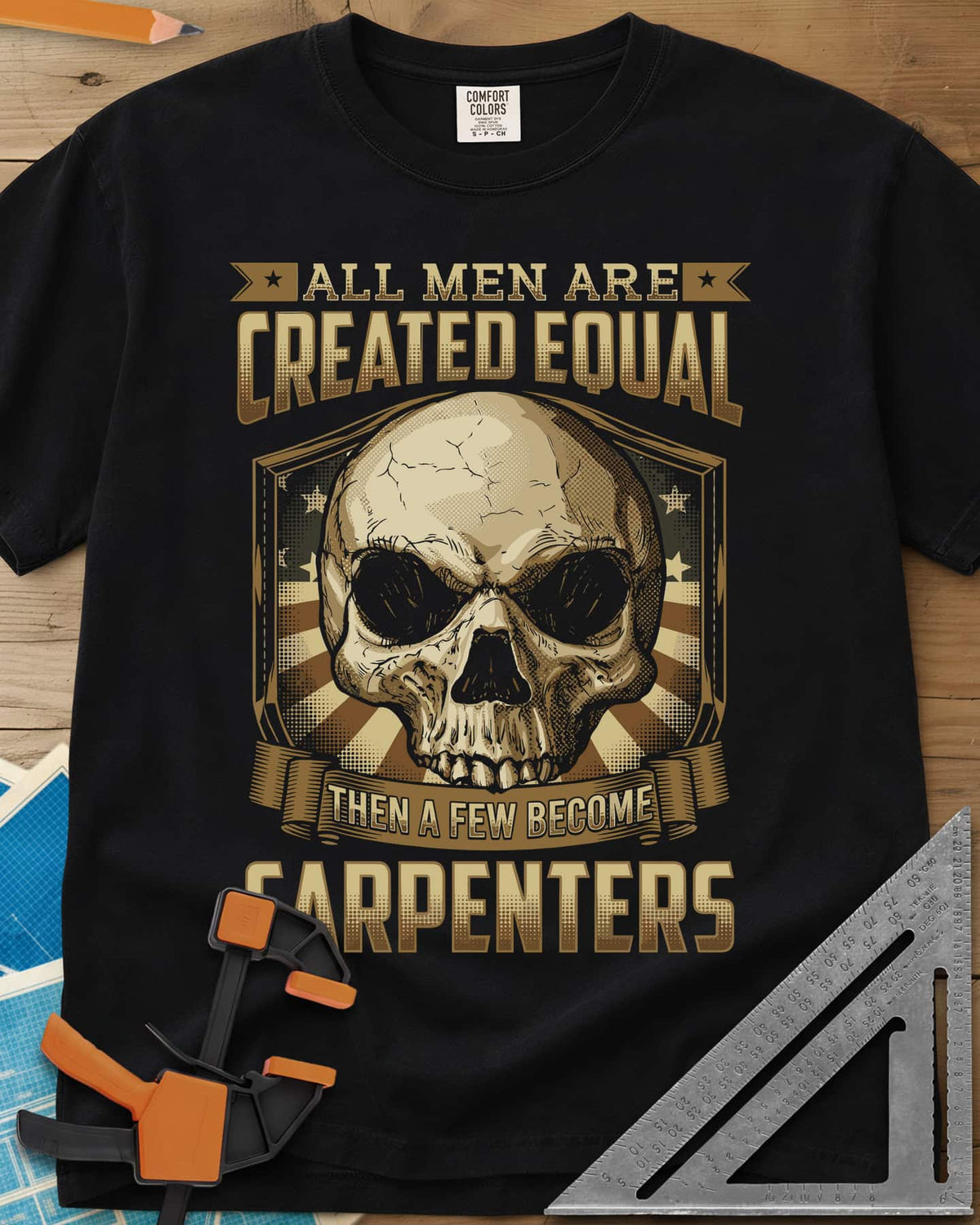 Created Equal Carpenter heavyweight tee in Black, a cracked skull on a shield with stars and sunburst rays