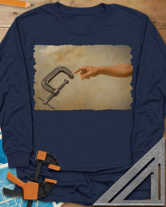 Creation Of The Clamp Woodworking long sleeve shirt in Navy, a hand reaching for a C-clamp in an aged fresco style