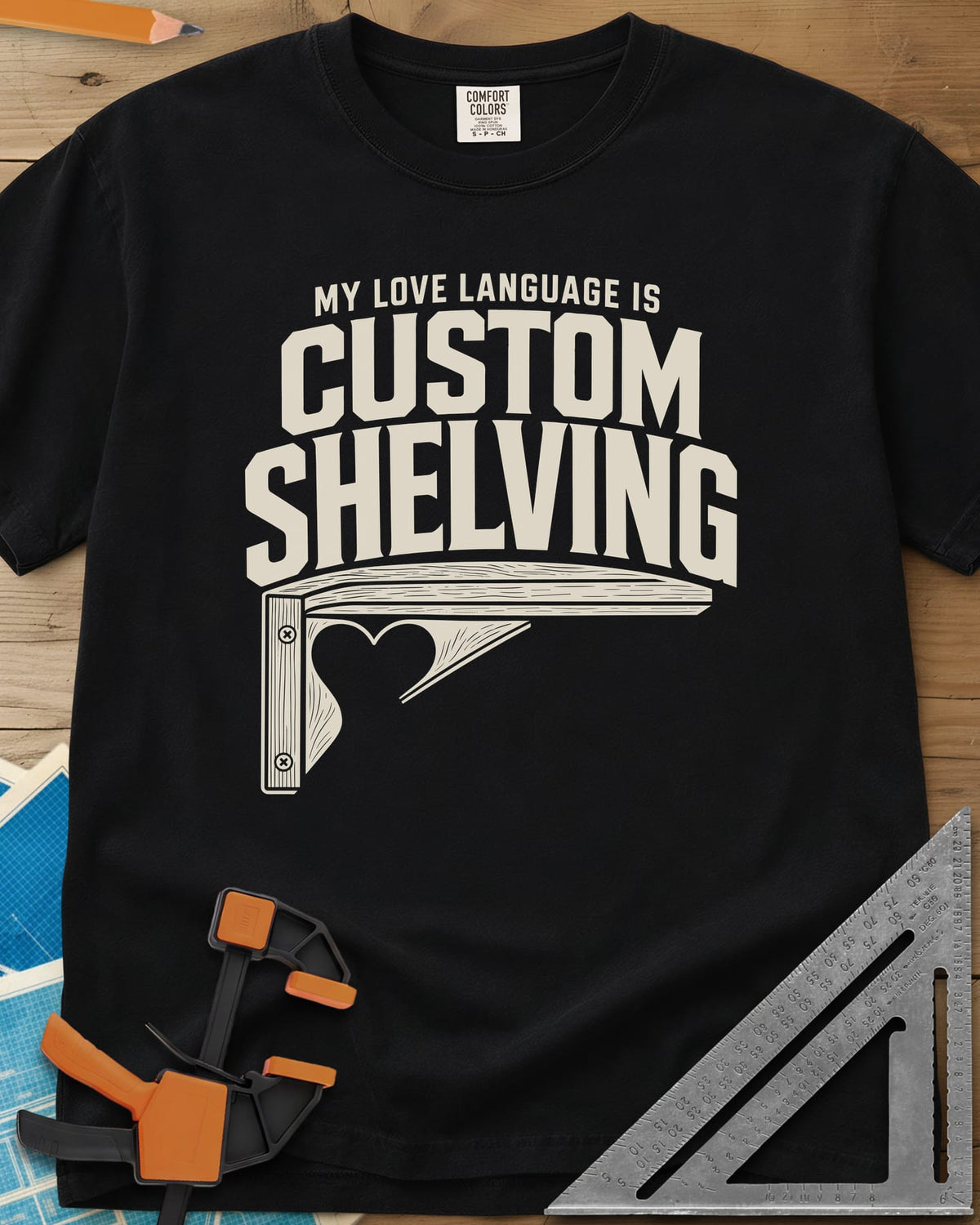Custom Shelving heavyweight tee in Black, an angled shelf bracket with a heart-shaped cutout