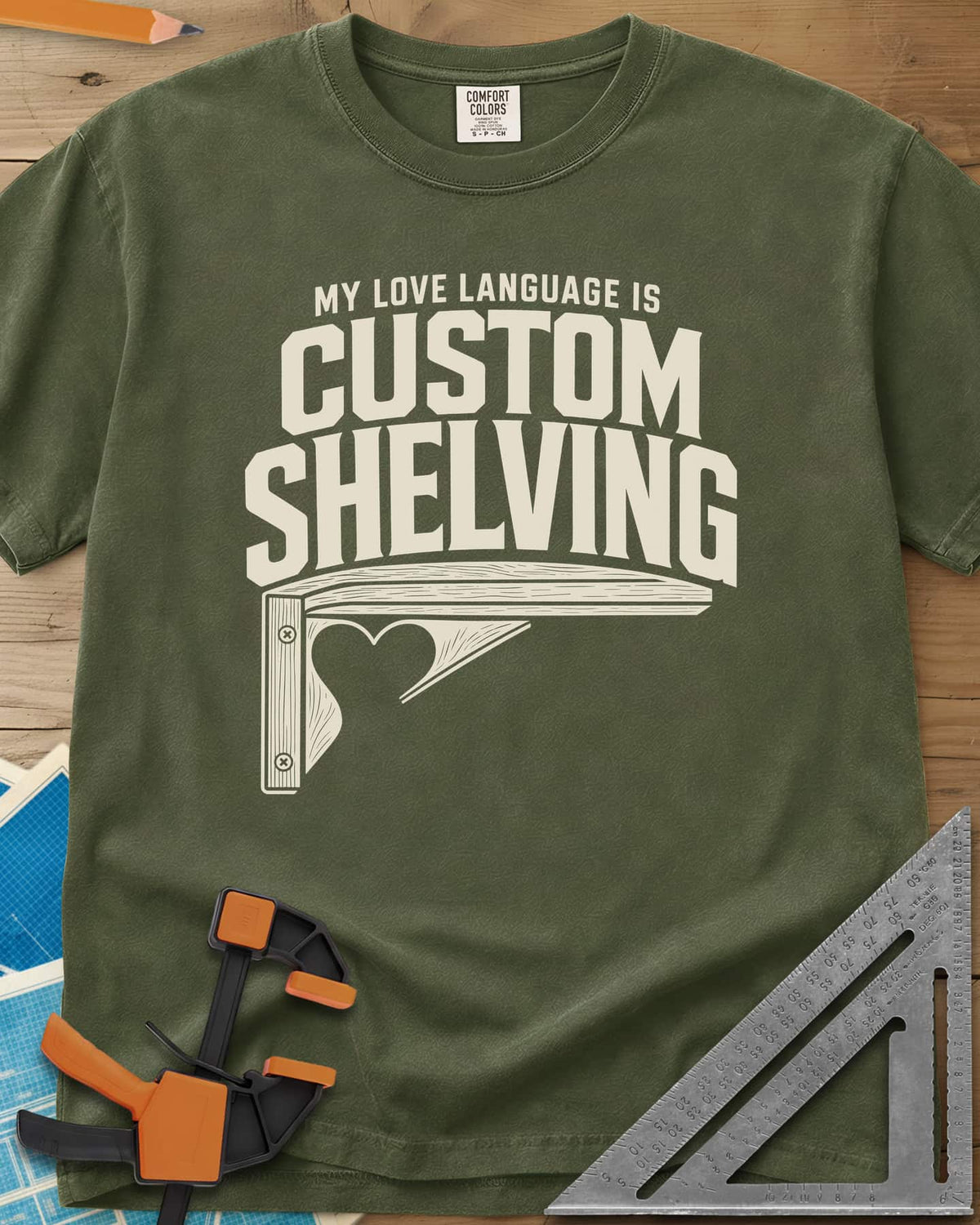 Custom Shelving heavyweight tee in Hemp, an angled shelf bracket with a heart-shaped cutout