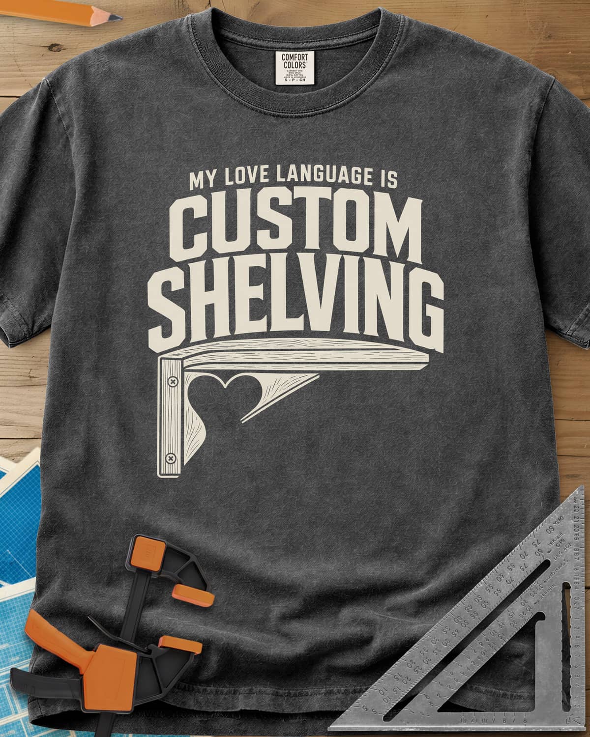 Custom Shelving heavyweight tee in Pepper, an angled shelf bracket with a heart-shaped cutout