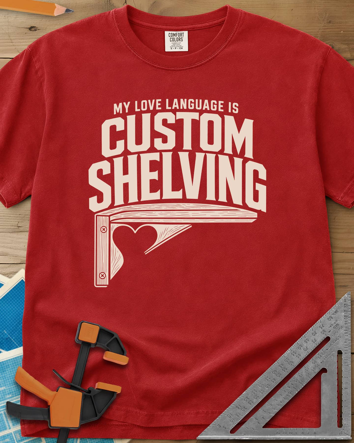 Custom Shelving heavyweight tee in Red, an angled shelf bracket with a heart-shaped cutout