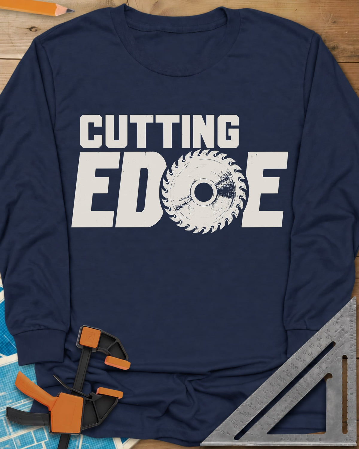 Cutting Edge long sleeve shirt in Navy, bold lettering with a circular saw blade standing in for the G