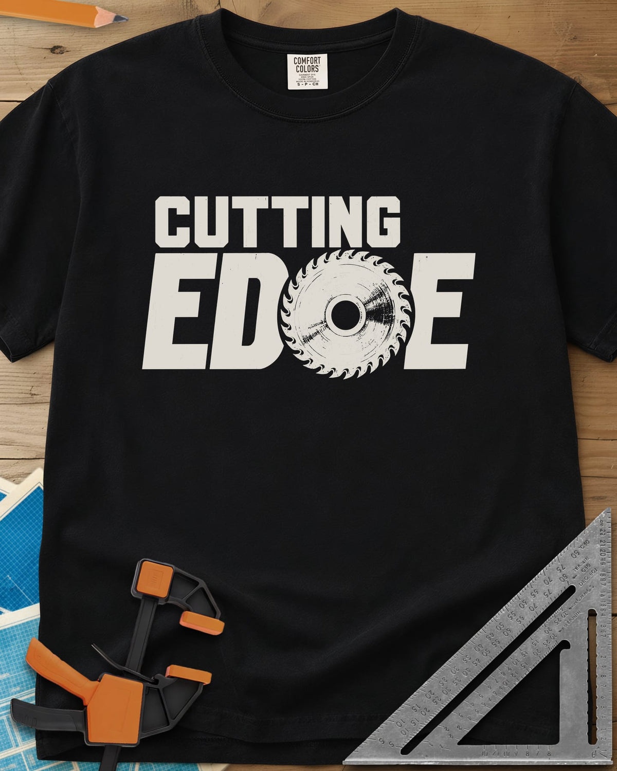 Cutting Edge heavyweight tee in Black, bold lettering with a circular saw blade standing in for the G