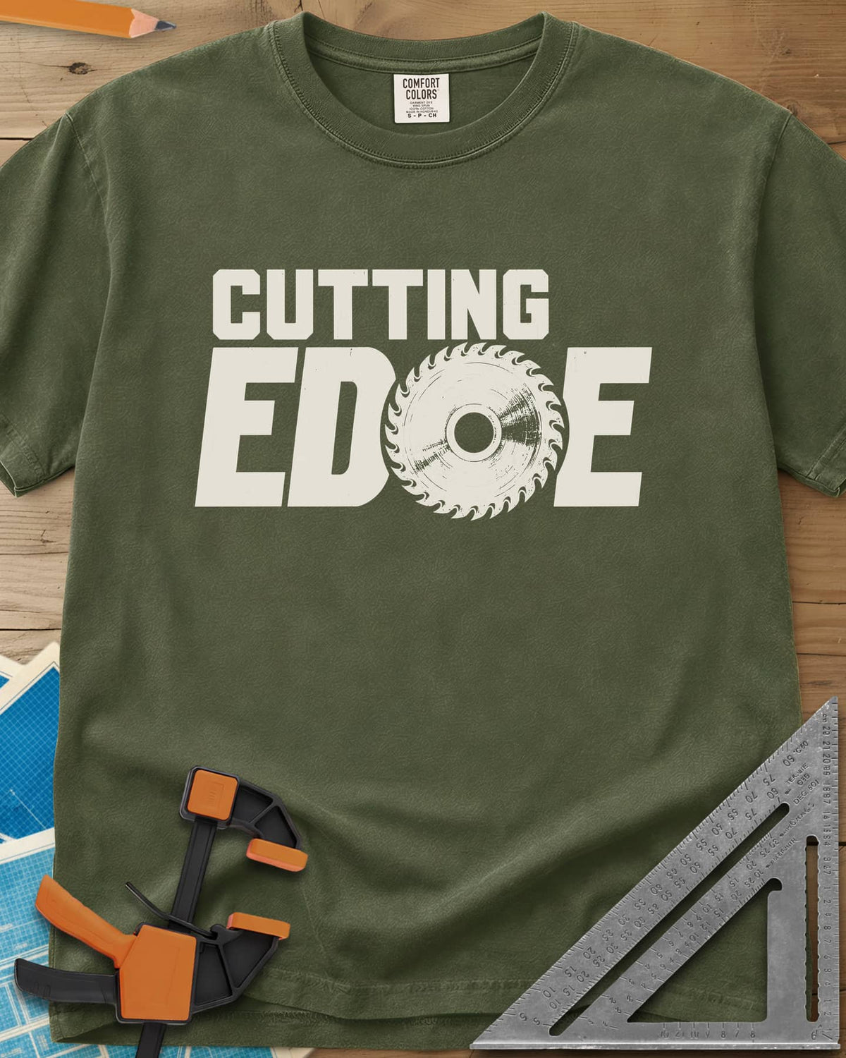 Cutting Edge heavyweight tee in Hemp, bold lettering with a circular saw blade standing in for the G