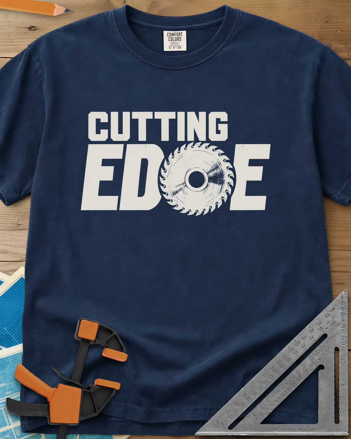 Cutting Edge heavyweight tee in Navy, bold lettering with a circular saw blade standing in for the G
