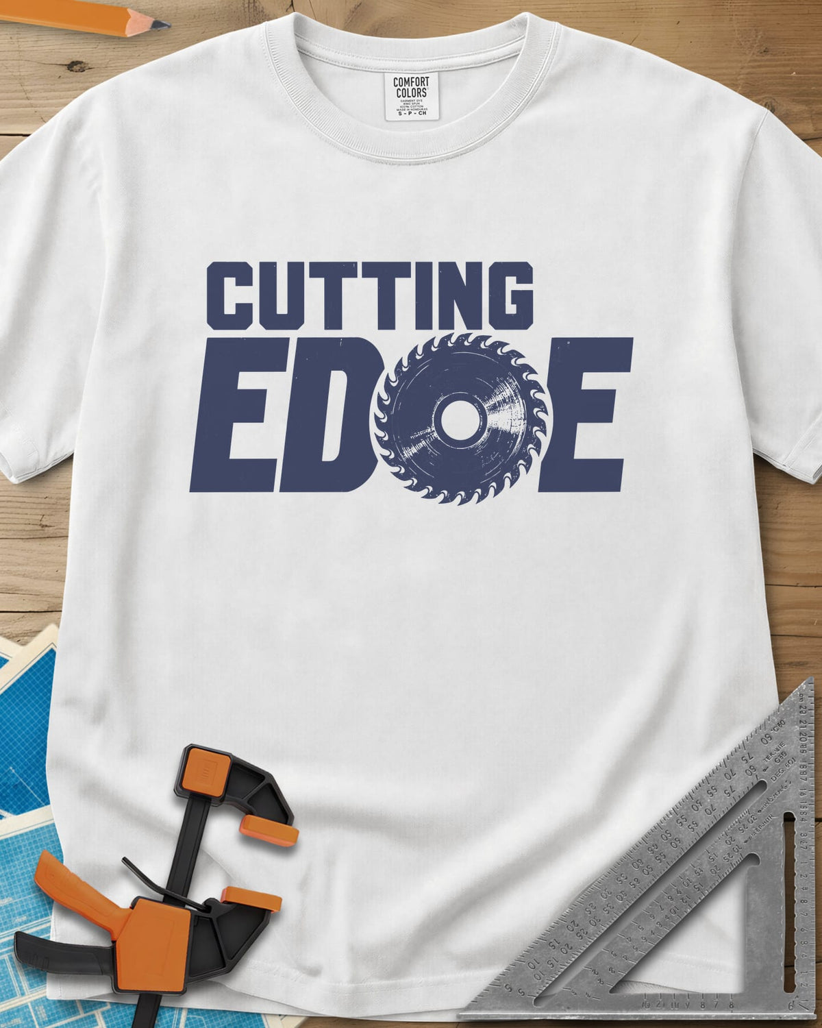 Cutting Edge heavyweight tee in White, bold lettering with a circular saw blade standing in for the G