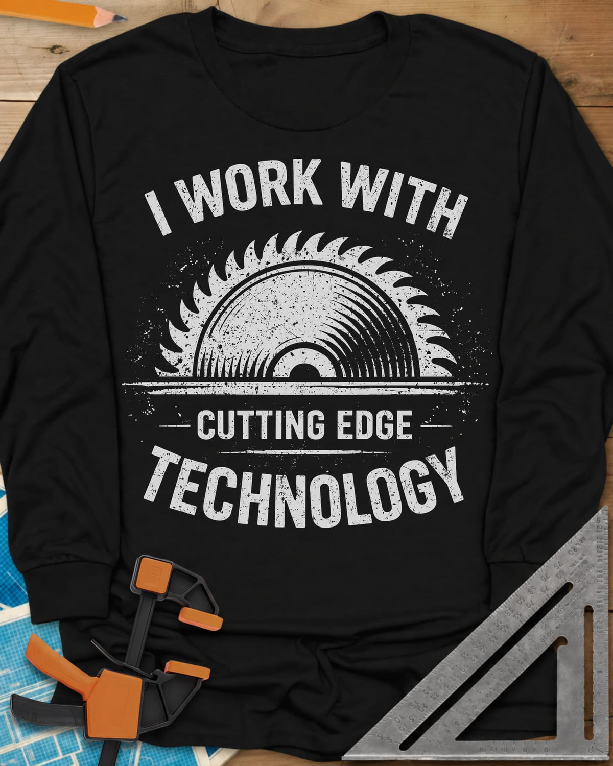 Cutting Edge Technology long sleeve shirt in Black, a distressed half circular saw blade between the words