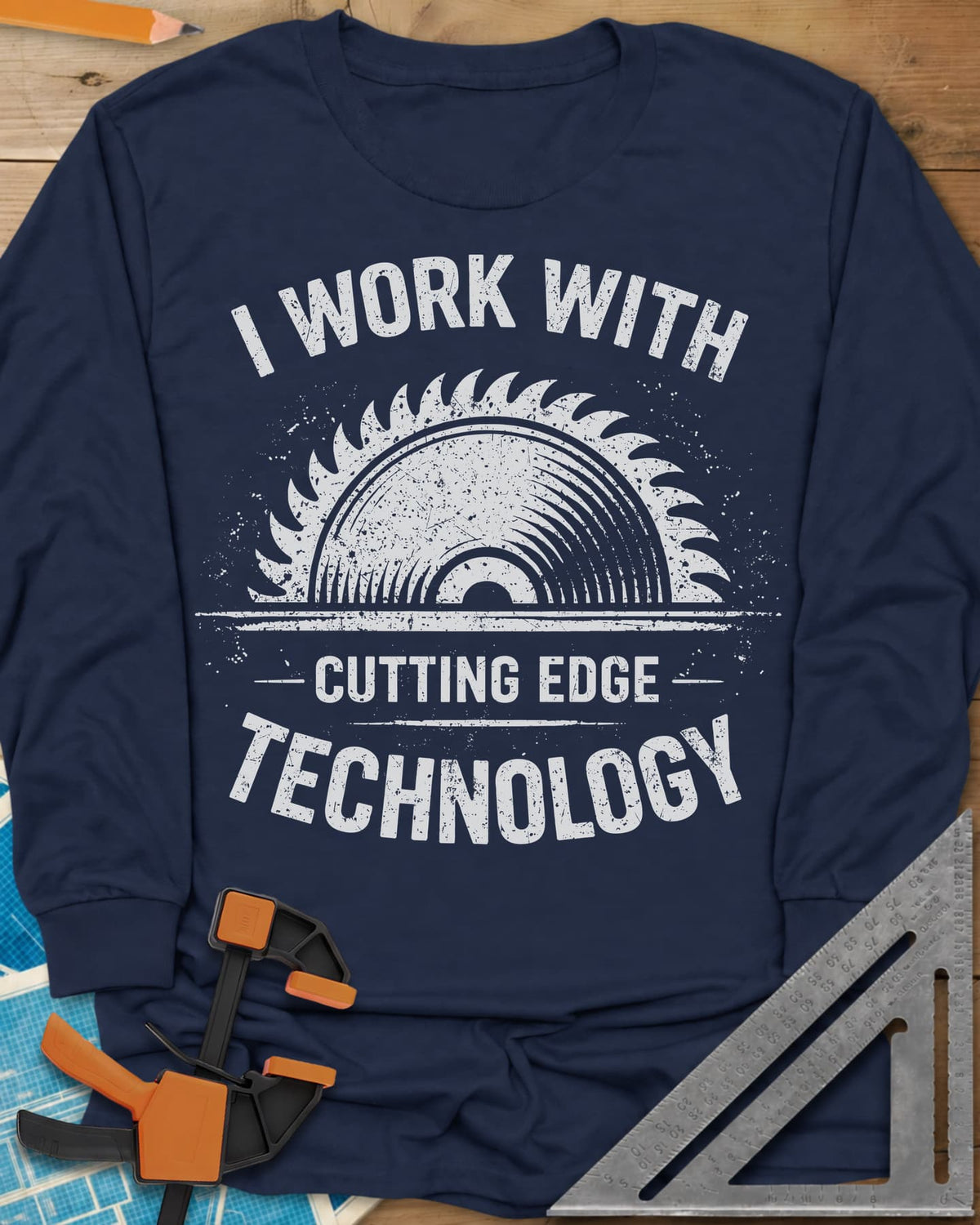 Cutting Edge Technology long sleeve shirt in Navy, a distressed half circular saw blade between the words