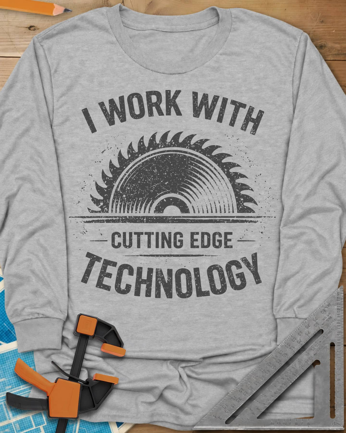 Cutting Edge Technology long sleeve shirt in Sport Grey, a distressed half circular saw blade between the words