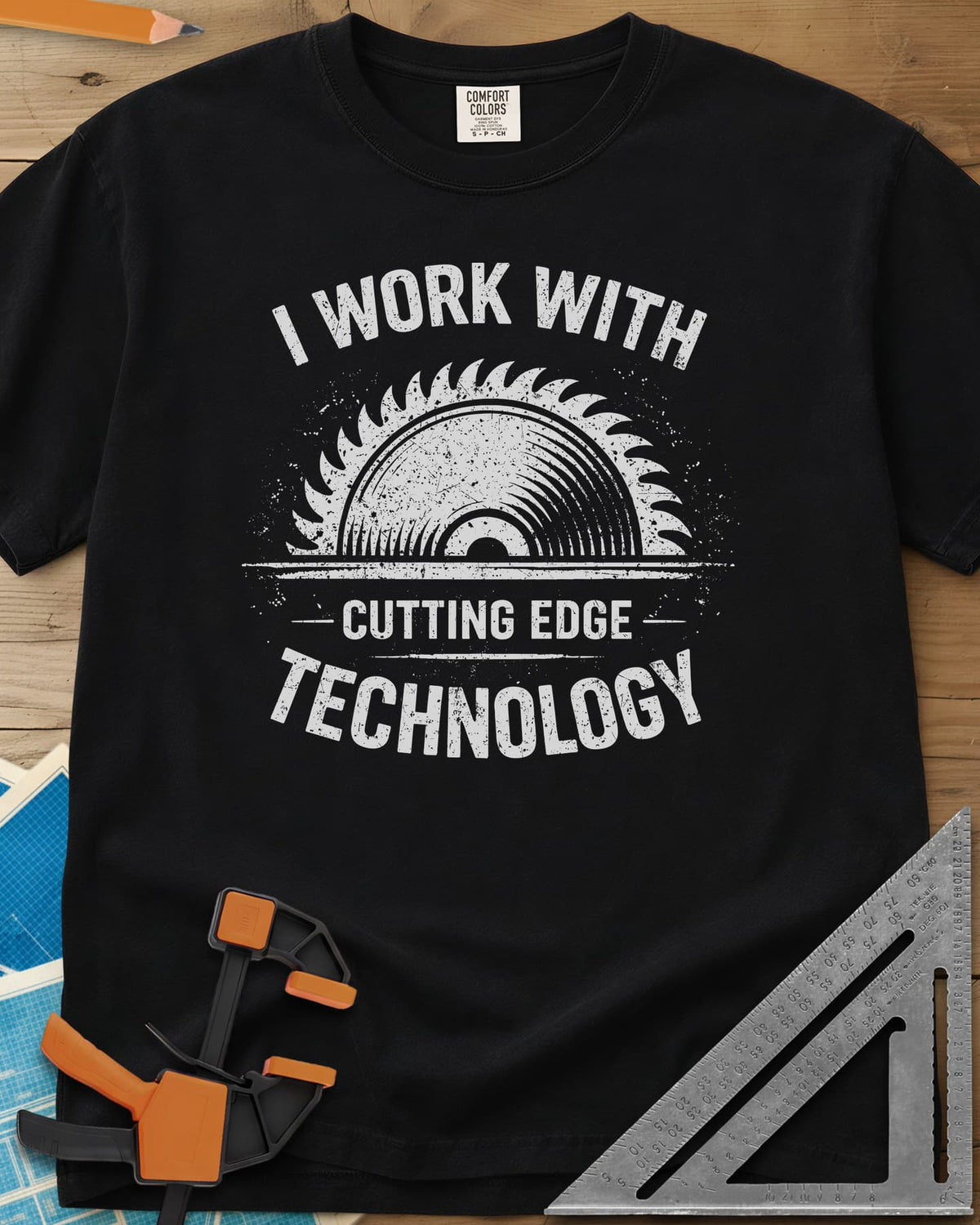 Cutting Edge Technology heavyweight tee in Black, a distressed half circular saw blade between the words