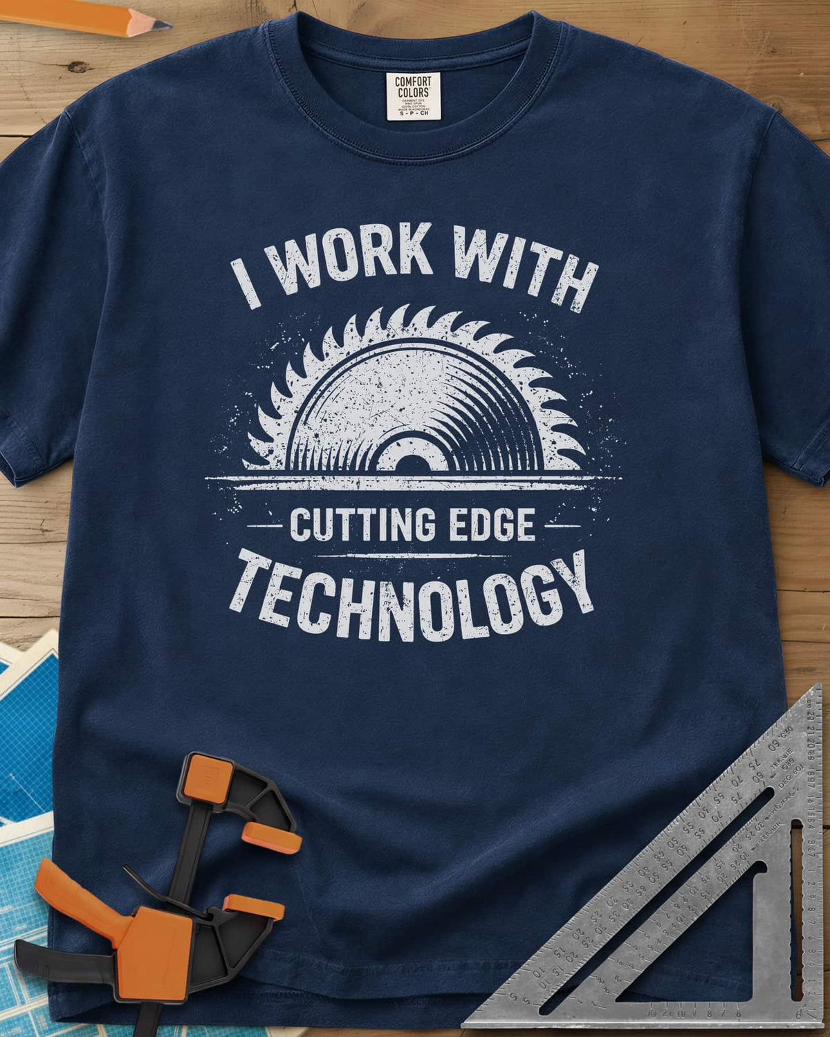 Cutting Edge Technology heavyweight tee in Navy, a distressed half circular saw blade between the words