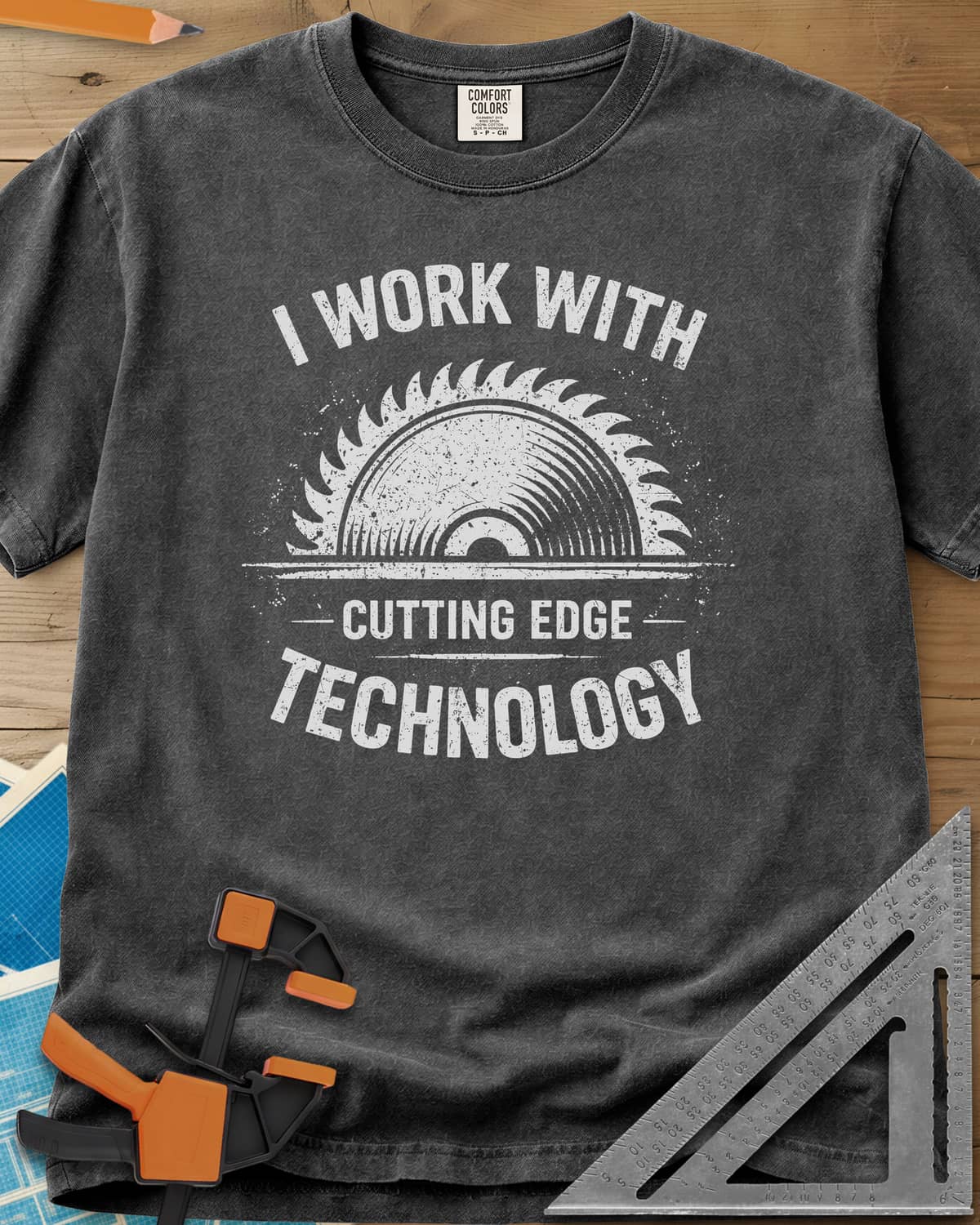 Cutting Edge Technology heavyweight tee in Pepper, a distressed half circular saw blade between the words