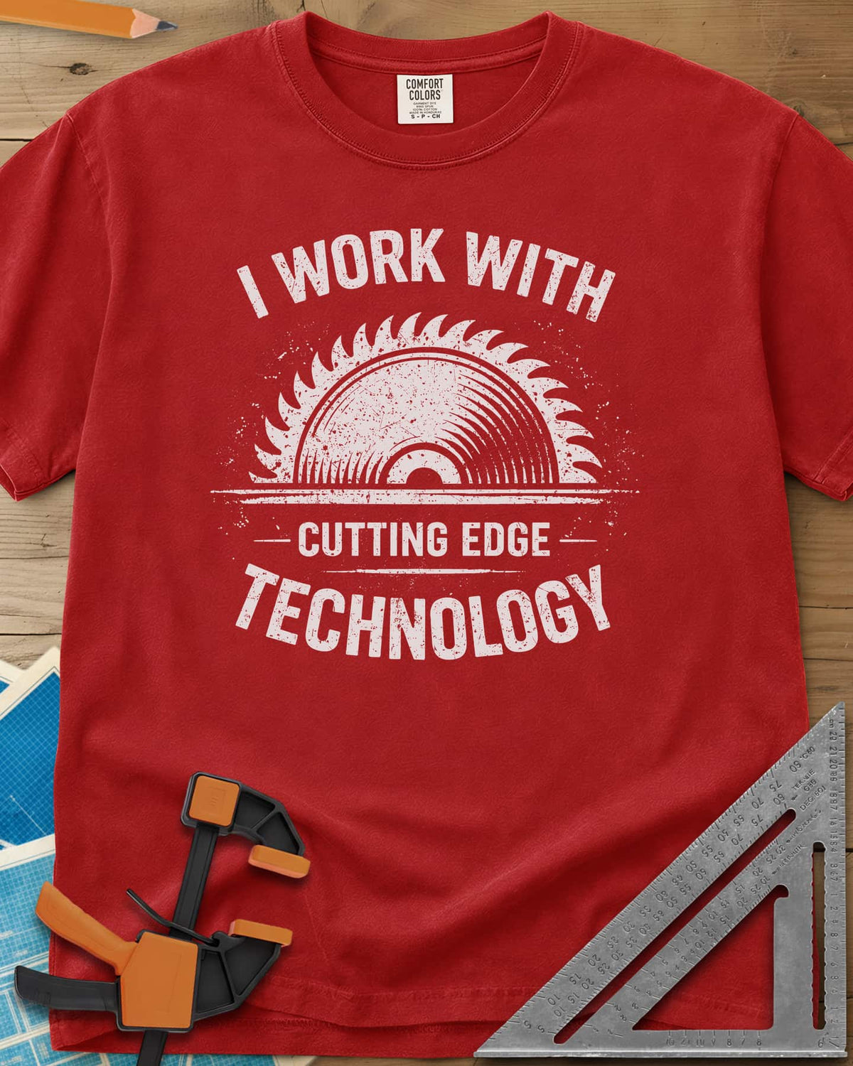Cutting Edge Technology heavyweight tee in Red, a distressed half circular saw blade between the words