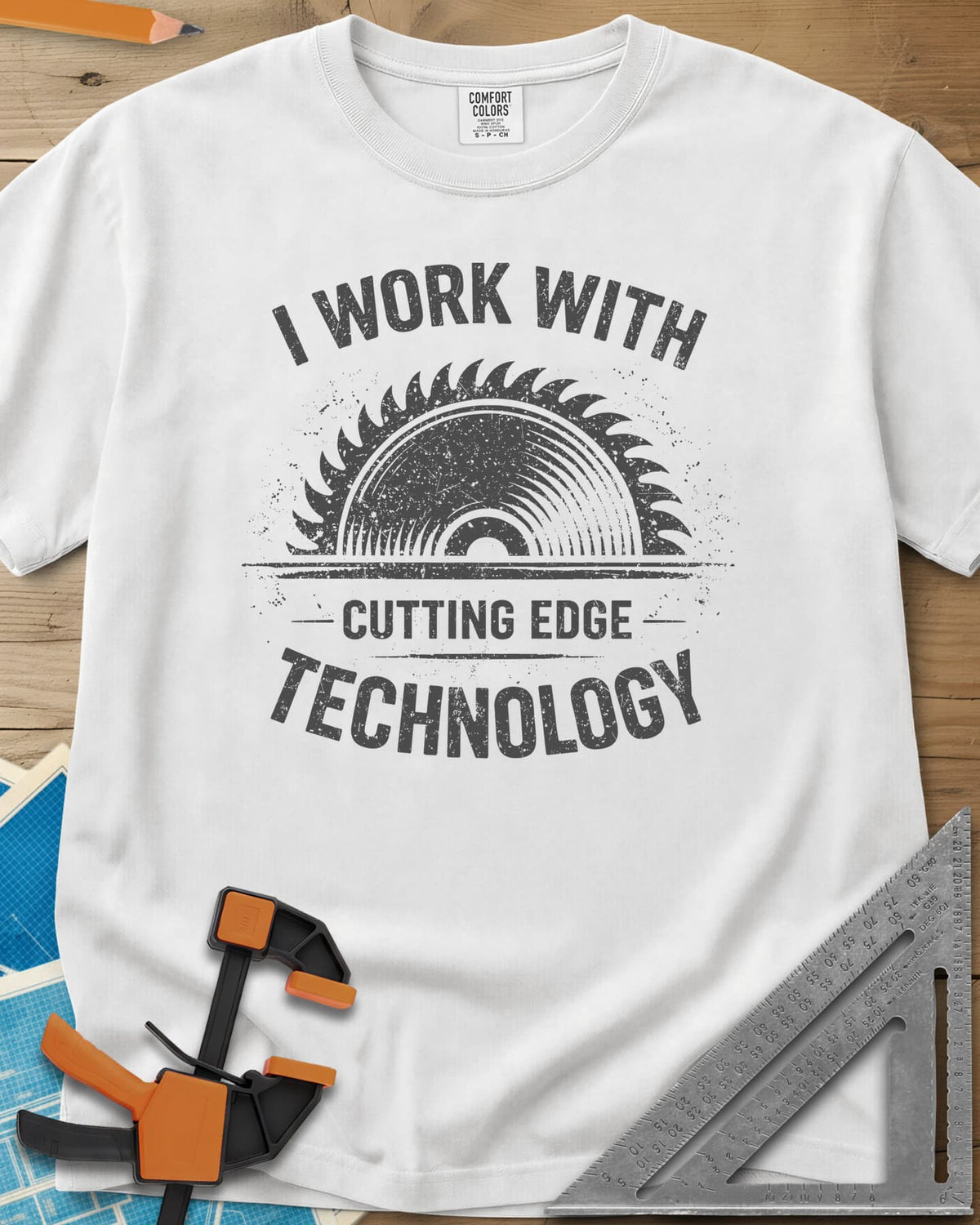 Cutting Edge Technology heavyweight tee in White, a distressed half circular saw blade between the words