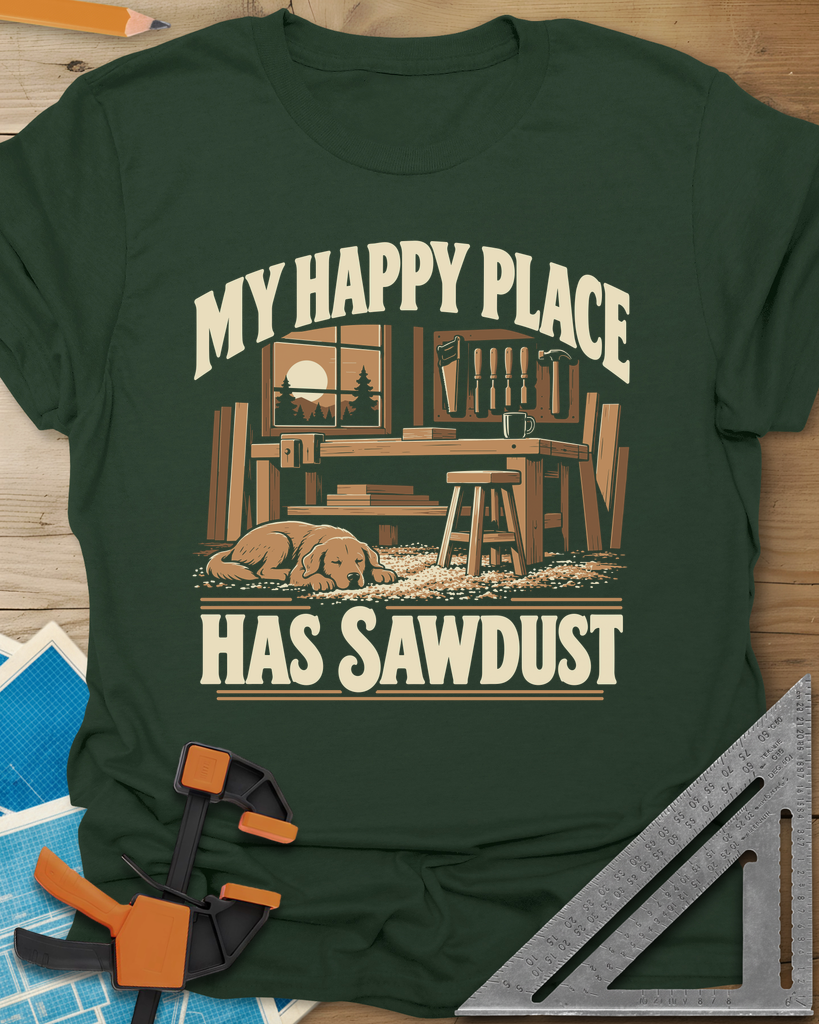My Happy Place Has Sawdust t-shirt in Forest Green, a shop with a workbench, tool wall and a dog asleep on the sawdust