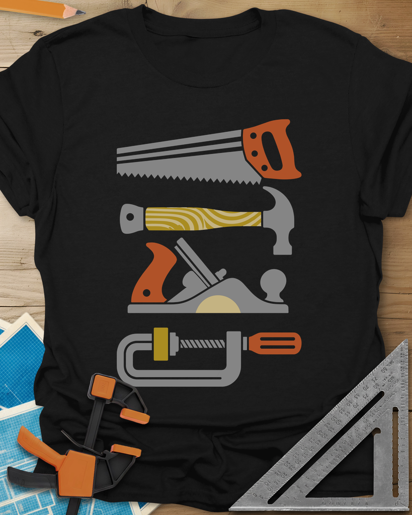 Tools Of The Trade t-shirt in Black, stacked retro flat-color saw, hammer, hand plane and C-clamp