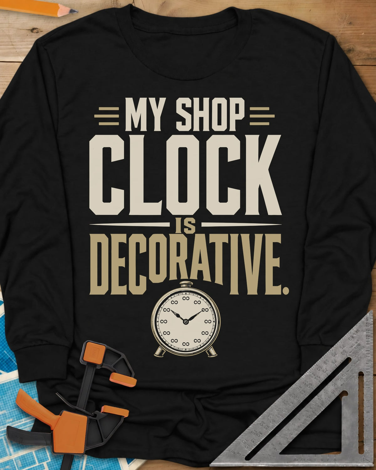 Decorative Clock long sleeve shirt in Black, a vintage alarm clock with infinity signs for numbers