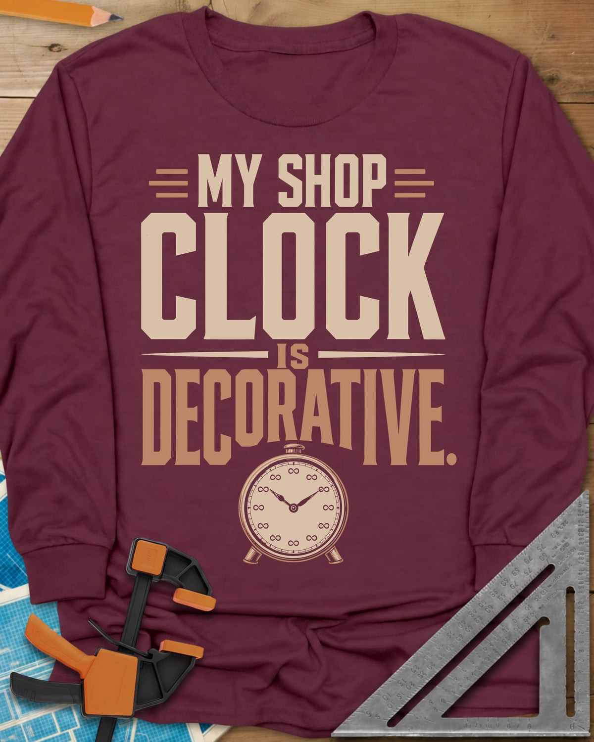 Decorative Clock long sleeve shirt in Maroon, a vintage alarm clock with infinity signs for numbers