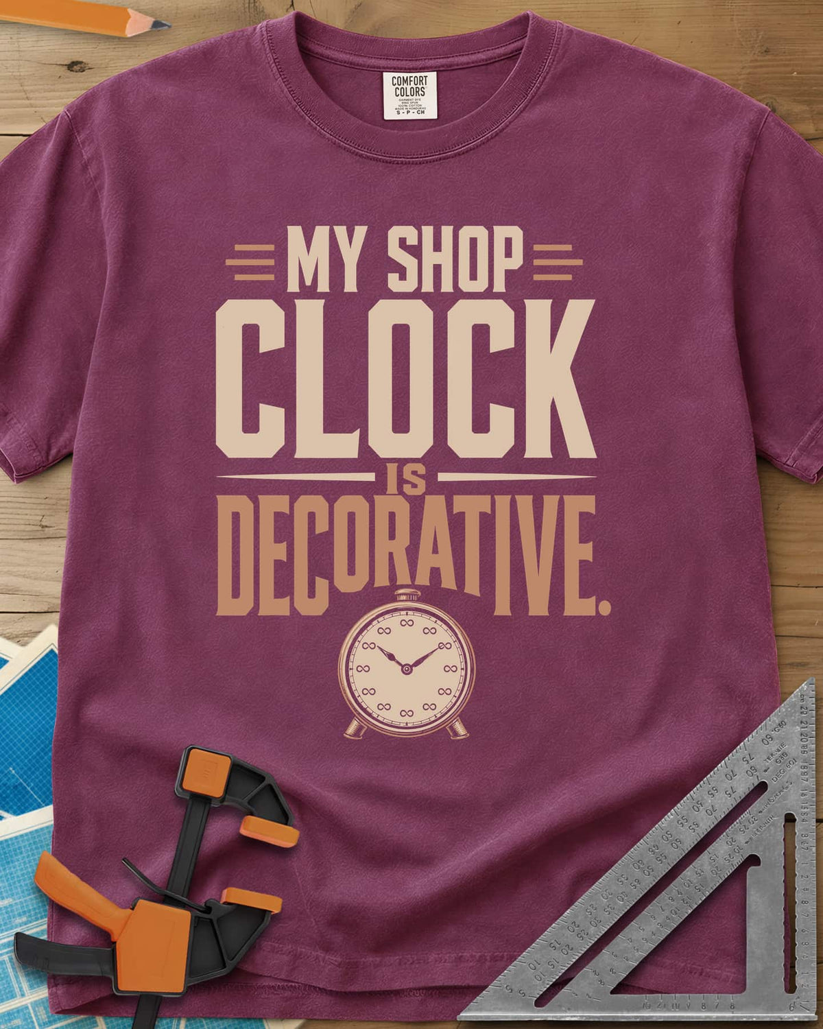 Decorative Clock heavyweight tee in Berry, a vintage alarm clock with infinity signs for numbers