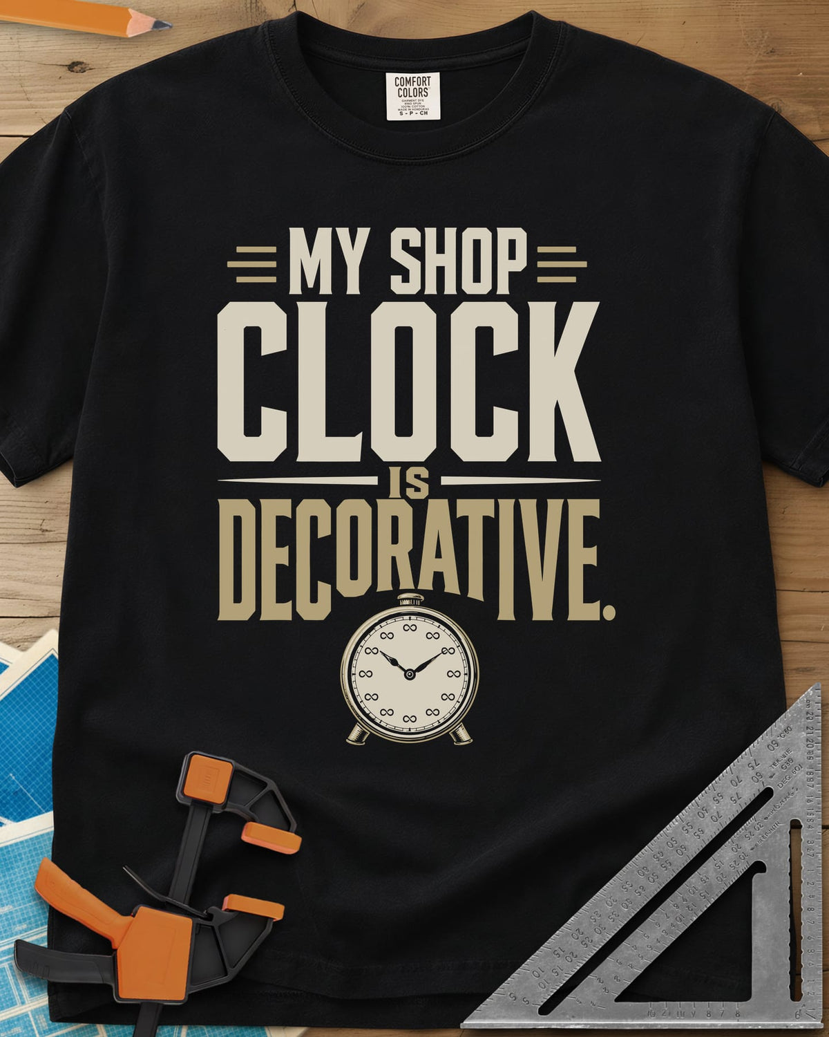Decorative Clock heavyweight tee in Black, a vintage alarm clock with infinity signs for numbers