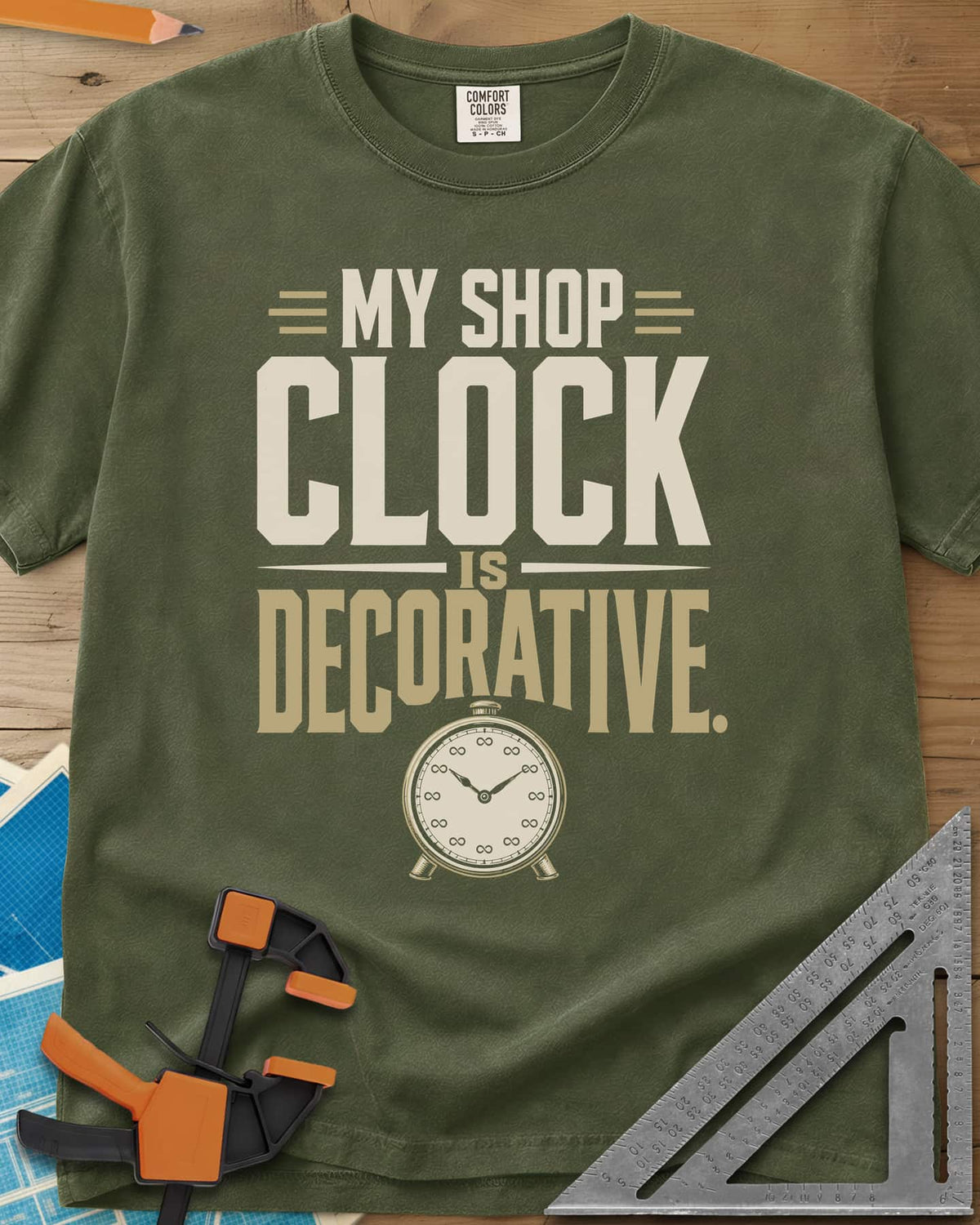 Decorative Clock heavyweight tee in Hemp, a vintage alarm clock with infinity signs for numbers