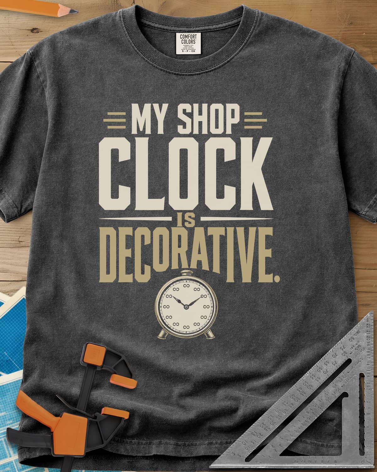 Decorative Clock heavyweight tee in Pepper, a vintage alarm clock with infinity signs for numbers
