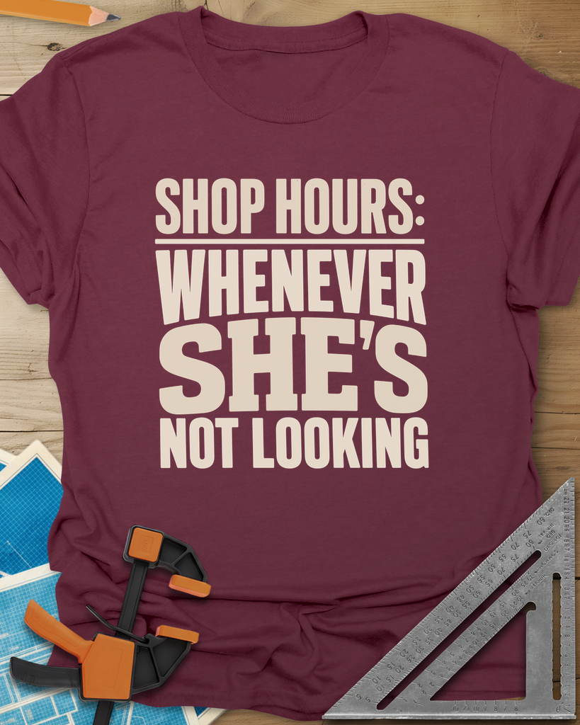 Shop Hours Tee — maroon