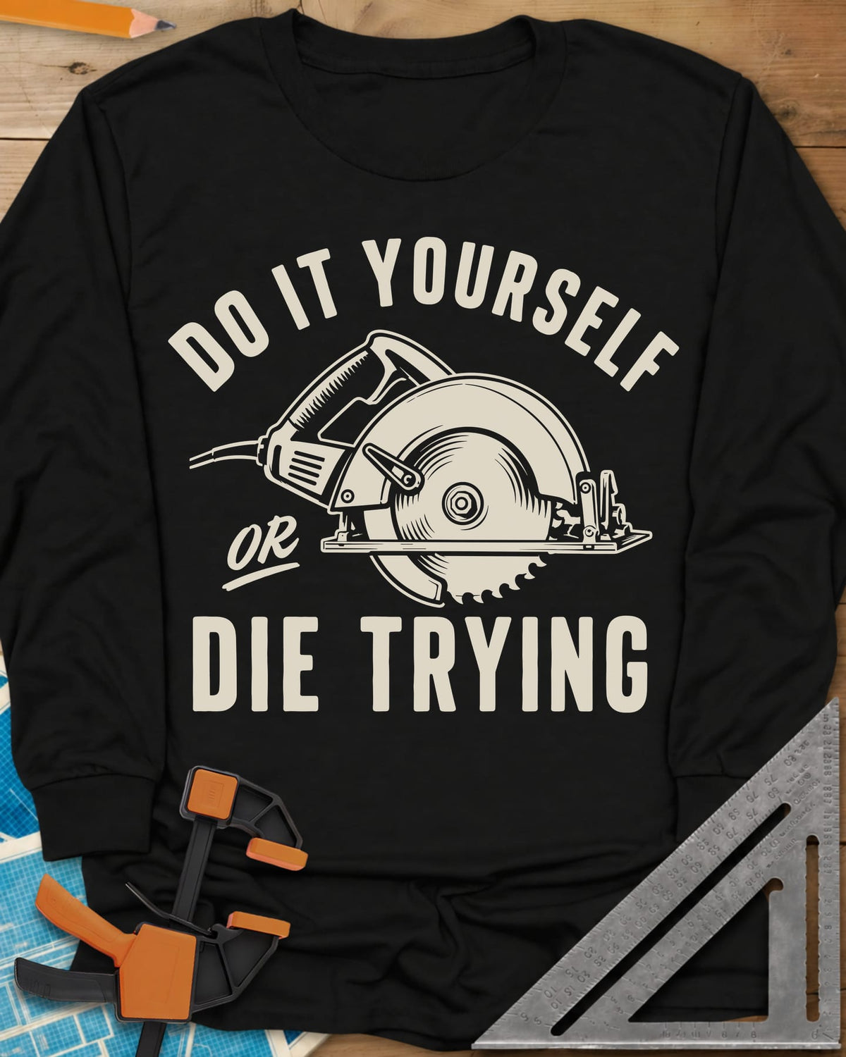 DIY Passion long sleeve shirt in Black, a circular saw inside curved lettering