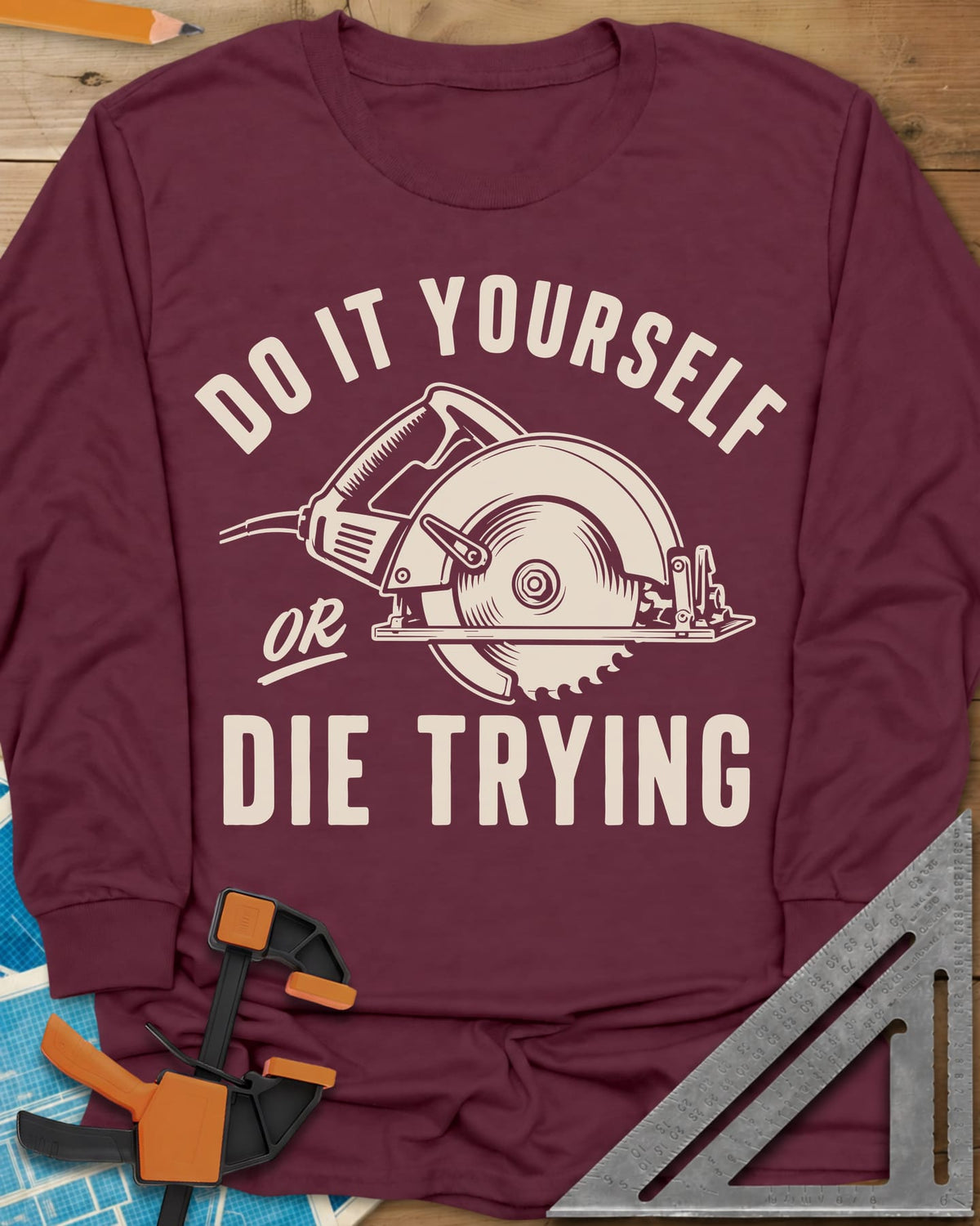 DIY Passion long sleeve shirt in Maroon, a circular saw inside curved lettering