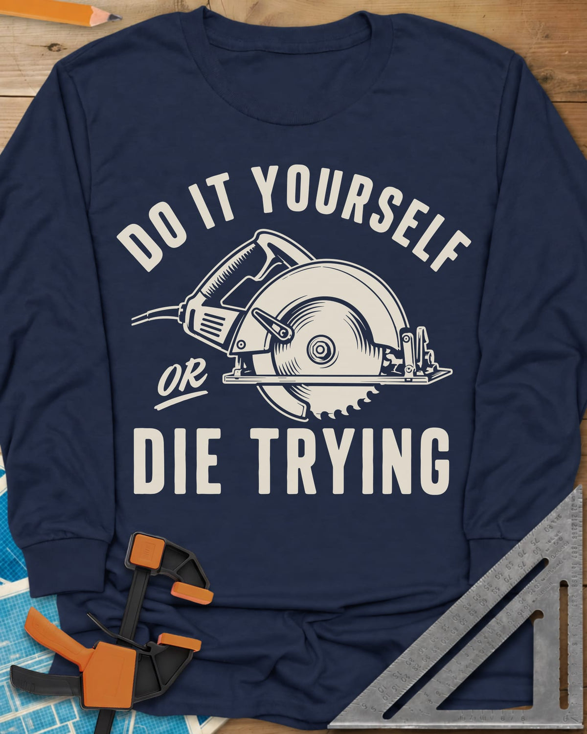 DIY Passion long sleeve shirt in Navy, a circular saw inside curved lettering