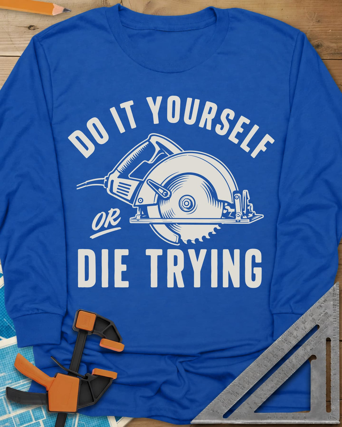 DIY Passion long sleeve shirt in Royal, a circular saw inside curved lettering