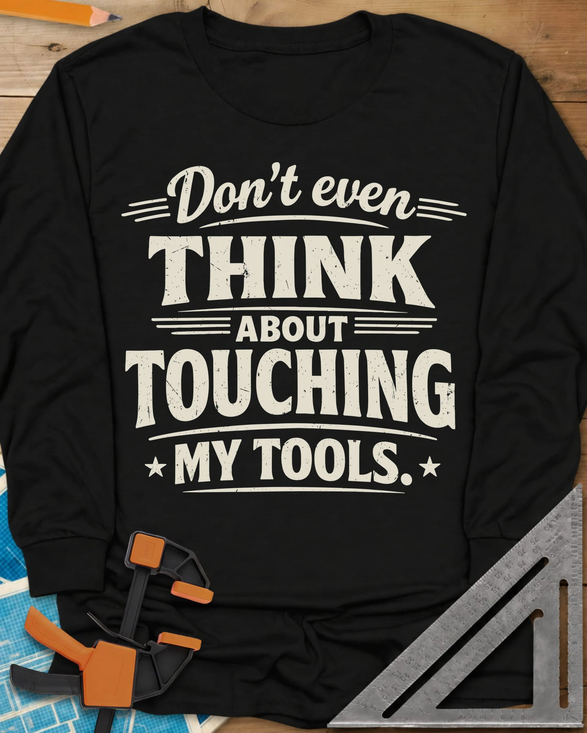 Don't Even Think long sleeve shirt in Black, bold distressed lettering with speed lines and small stars