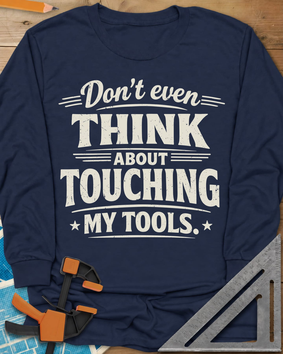 Don't Even Think long sleeve shirt in Navy, bold distressed lettering with speed lines and small stars