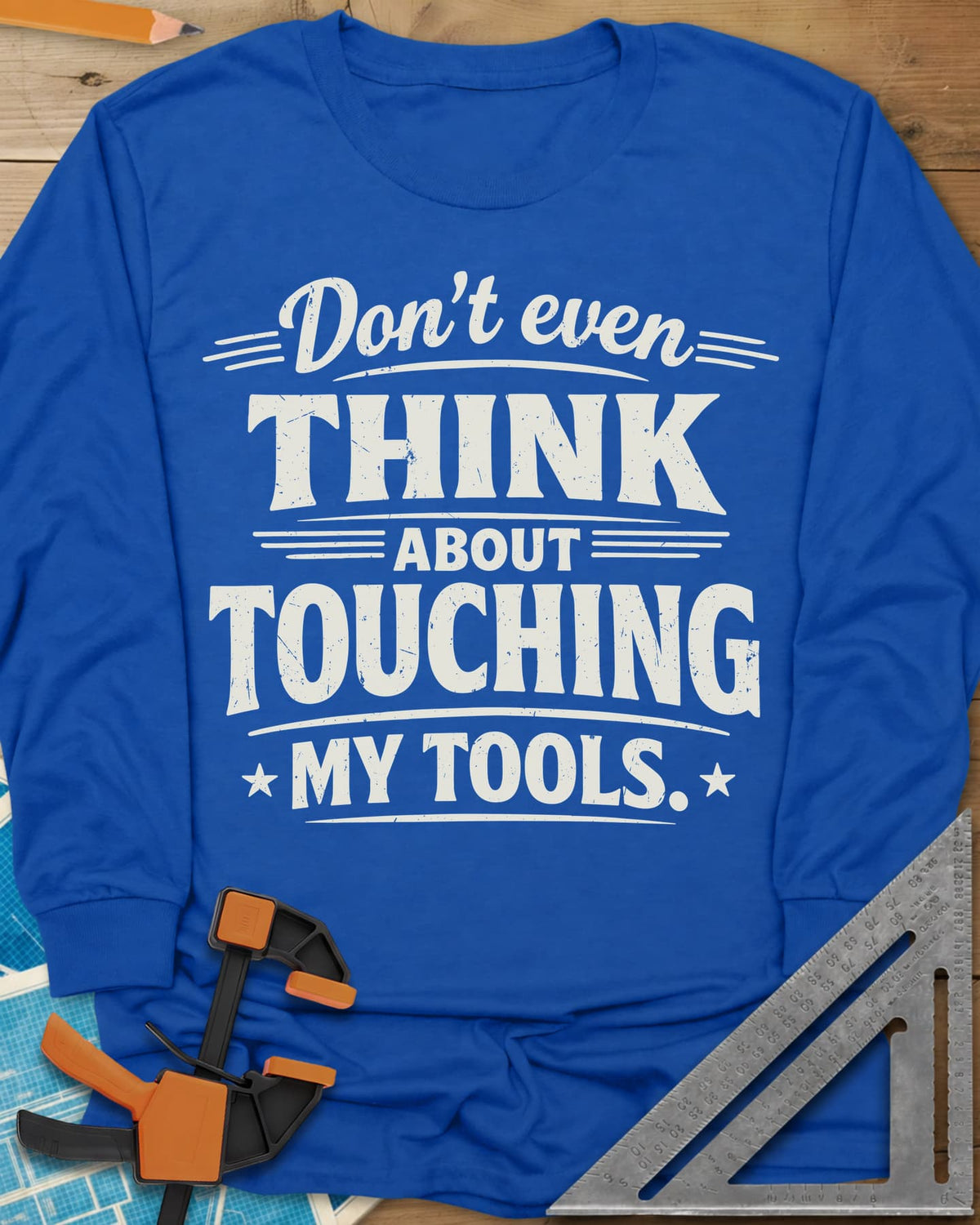 Don't Even Think long sleeve shirt in Royal, bold distressed lettering with speed lines and small stars