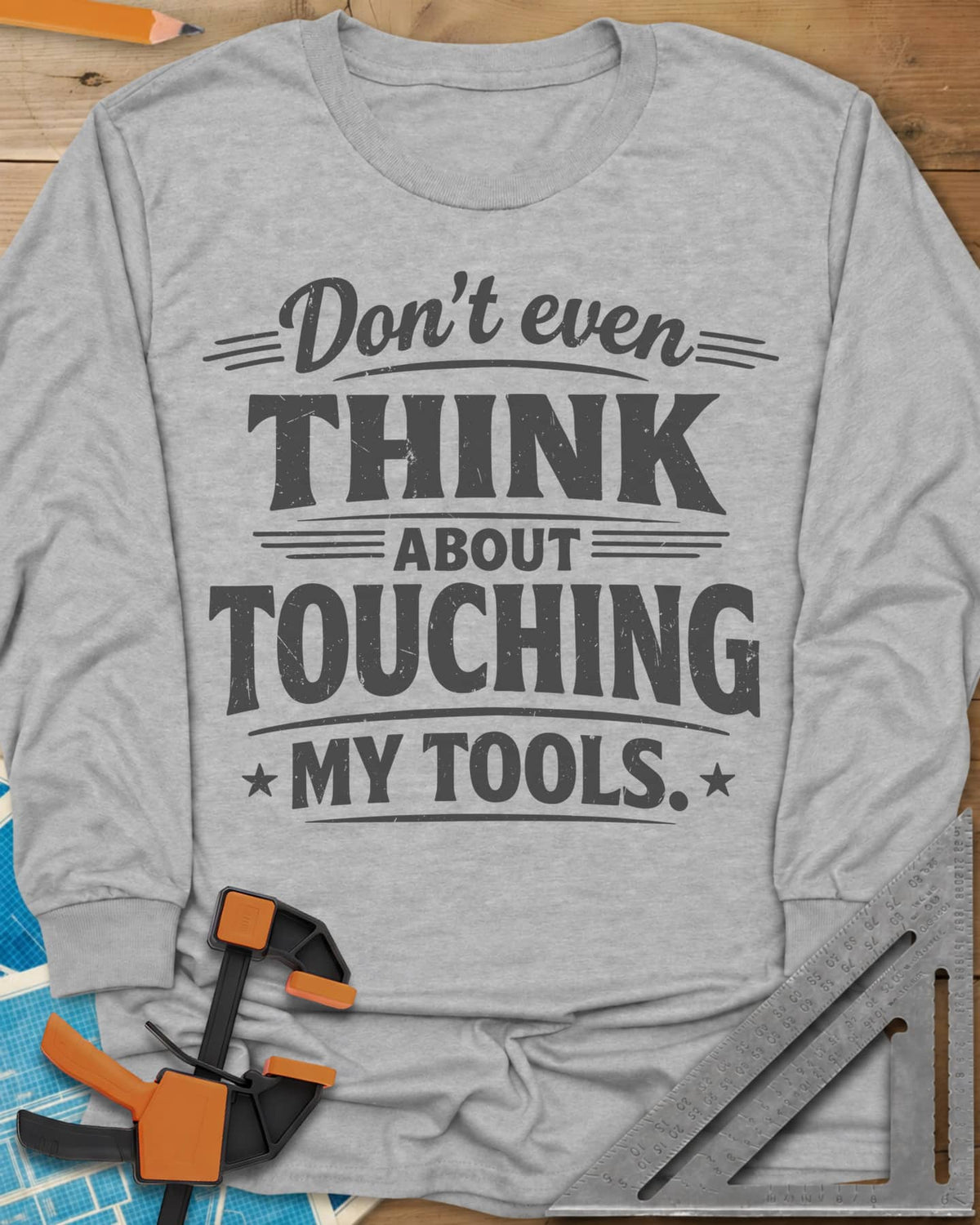 Don't Even Think long sleeve shirt in Sport Grey, bold distressed lettering with speed lines and small stars