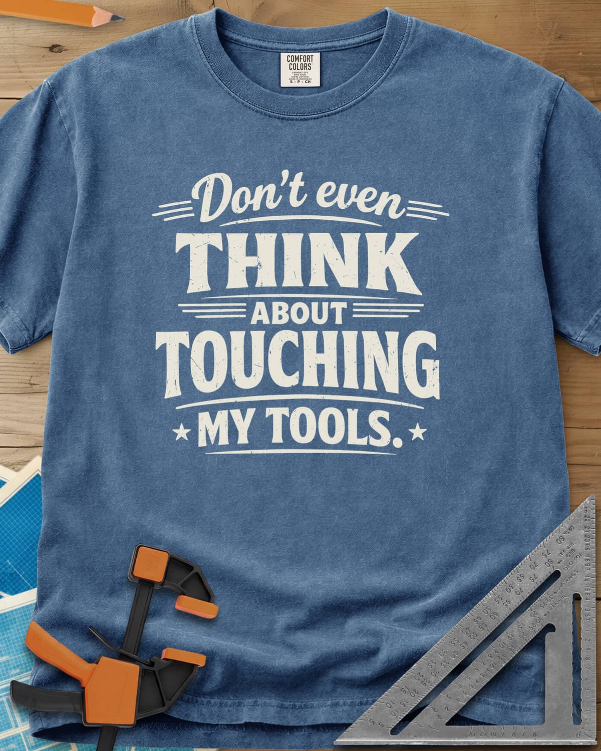 Don't Even Think heavyweight tee in Blue Jean, bold distressed lettering with speed lines and small stars