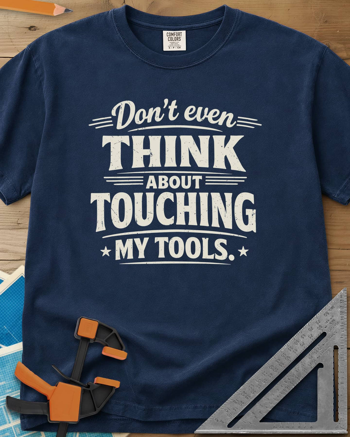 Don't Even Think heavyweight tee in Navy, bold distressed lettering with speed lines and small stars