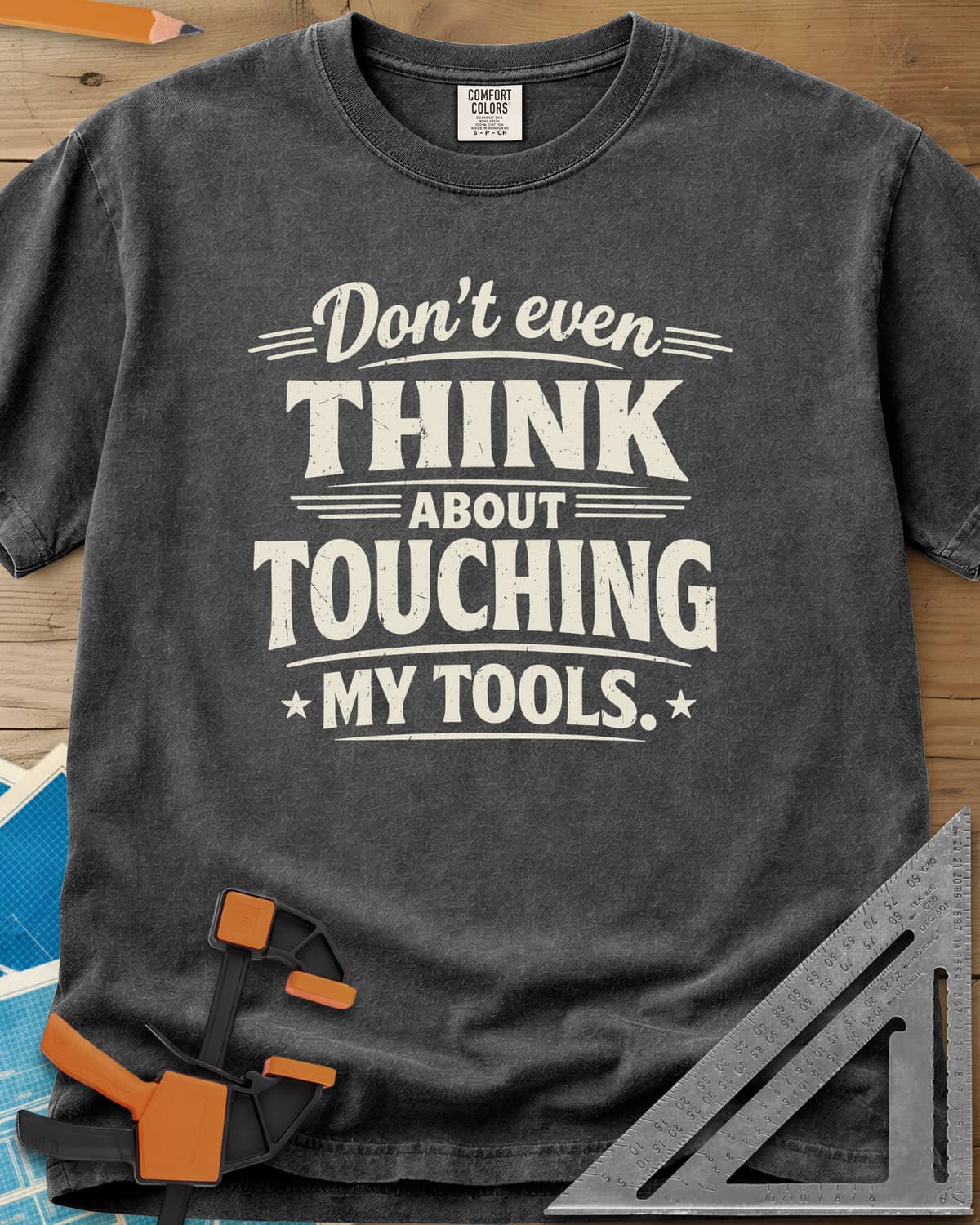 Don't Even Think heavyweight tee in Pepper, bold distressed lettering with speed lines and small stars