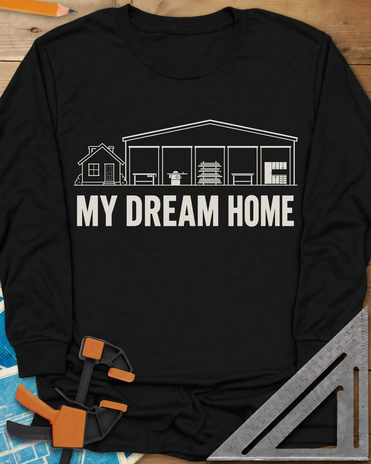 Dream Home long sleeve shirt in Black, a small house beside a huge five-bay woodworking shop